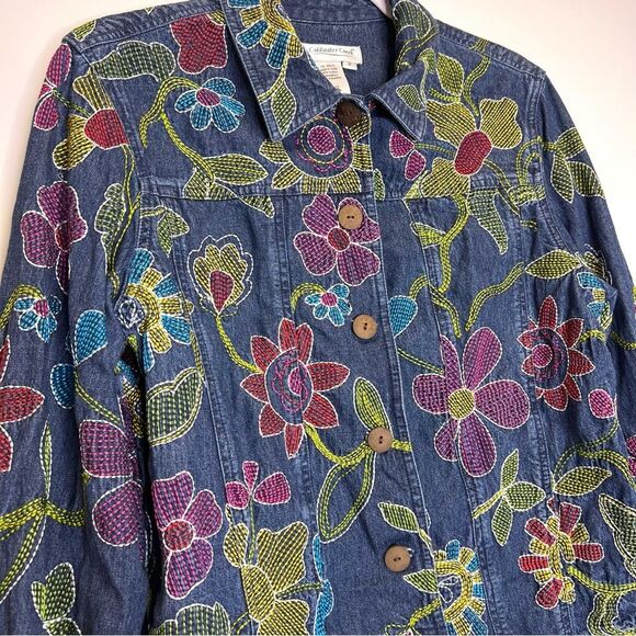 Coldwater Creek Floral Embroidered  Denim Jean Jacket Boho Size Medium - Picture 3 of 13